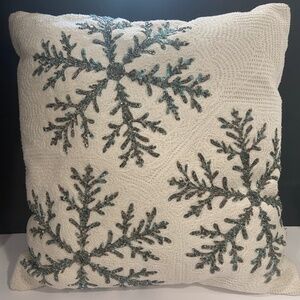 Winter Dreams Beaded Snowflake Pillow 18x18 Ivory White with Blue & Silver